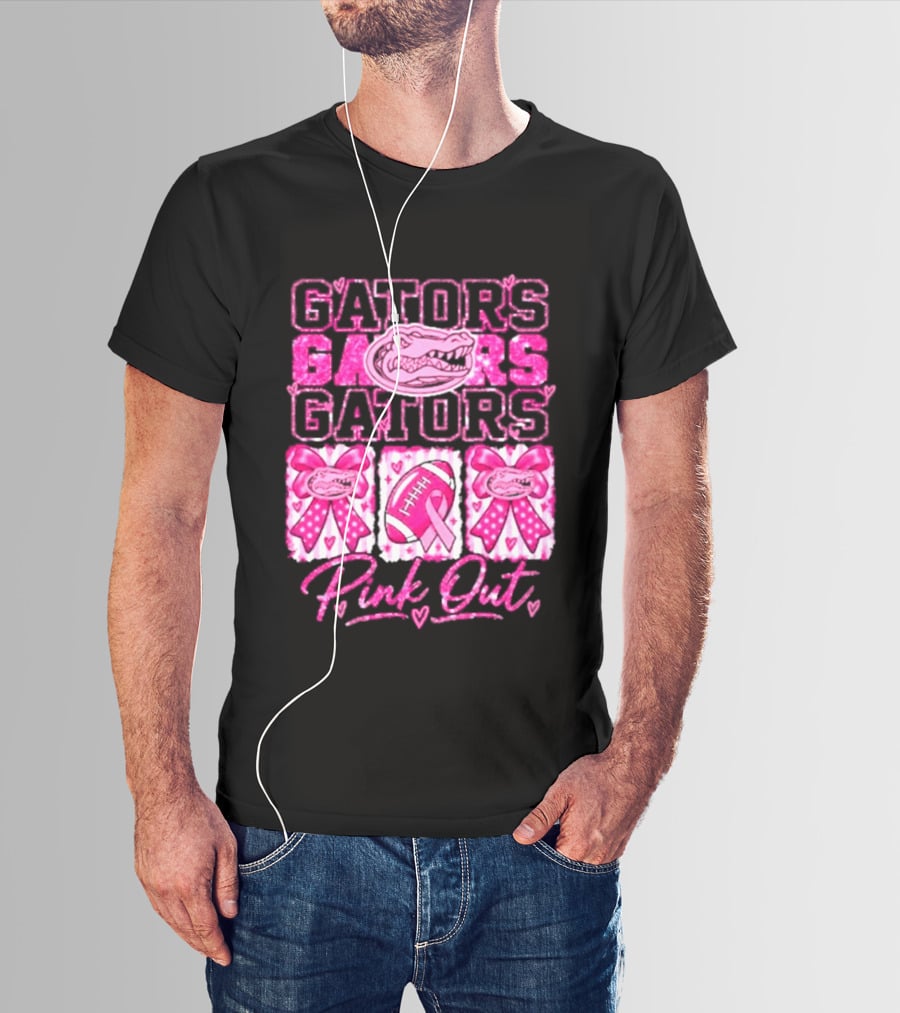 Gators Pink Out Breast Cancer Awareness Game Day Bow Ribbon Football T-Shirt