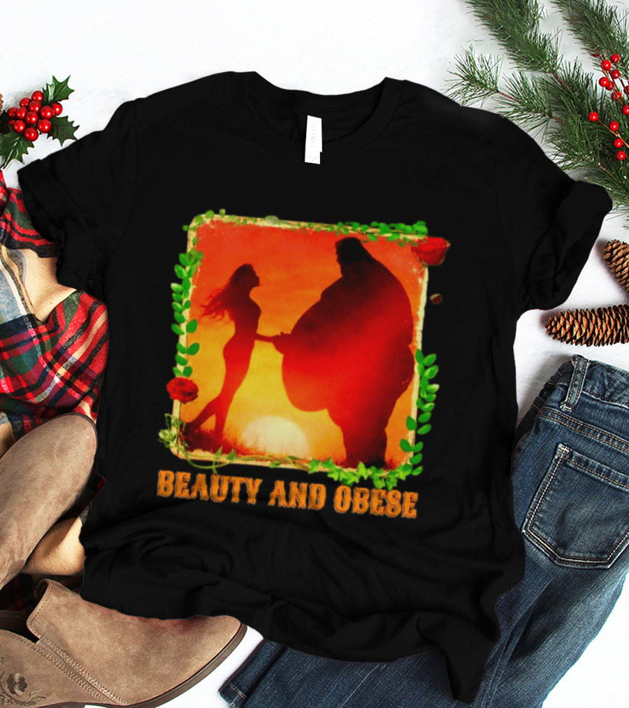 Beauty And Obese Romantic Satire With Sunset Silhouette And Roses T-Shirt