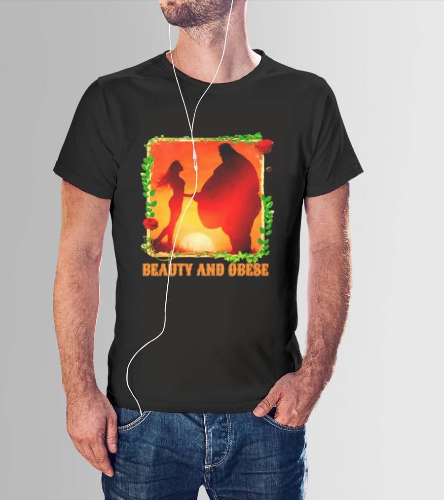 Beauty And Obese Romantic Satire With Sunset Silhouette And Roses T-Shirt