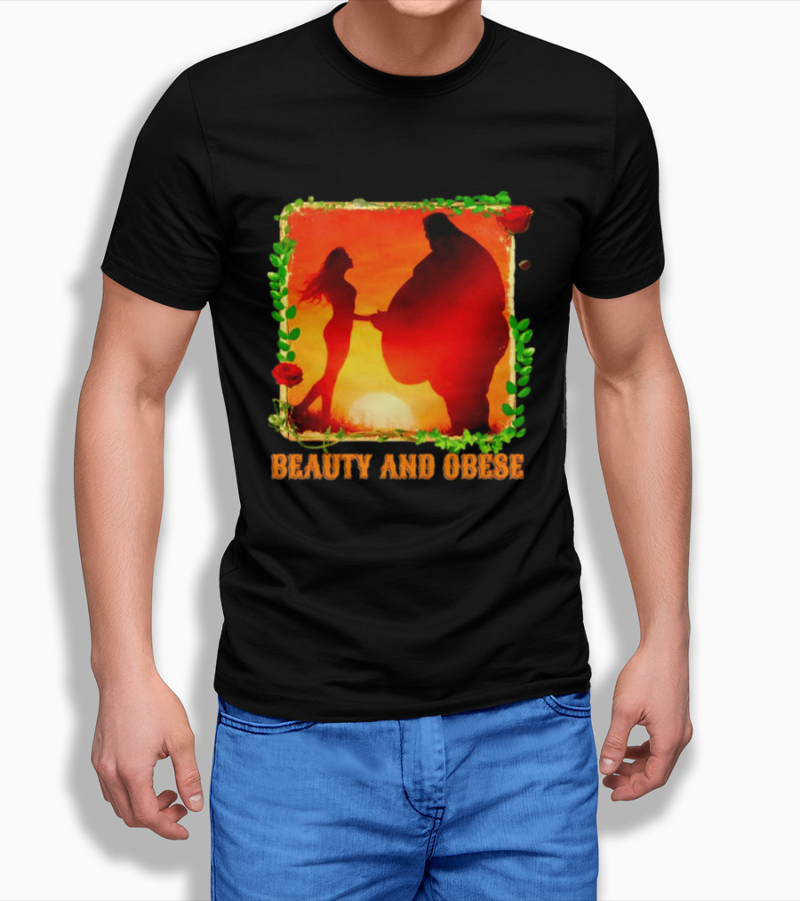Beauty And Obese Romantic Satire With Sunset Silhouette And Roses T-Shirt