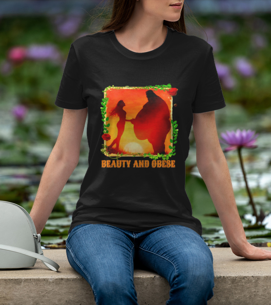 Beauty And Obese Romantic Satire With Sunset Silhouette And Roses T-Shirt