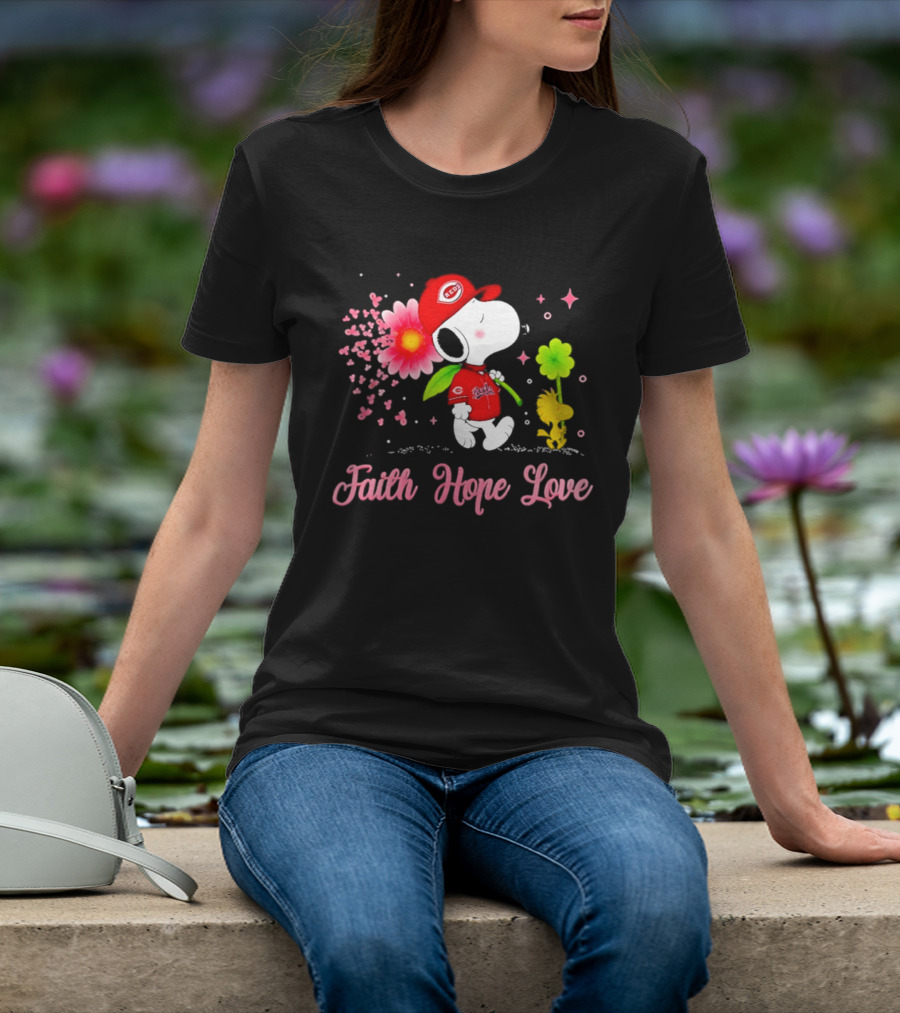 Cincinnati Reds Snoopy Faith Hope Love Breast Cancer Awareness 2026 T-Shirt