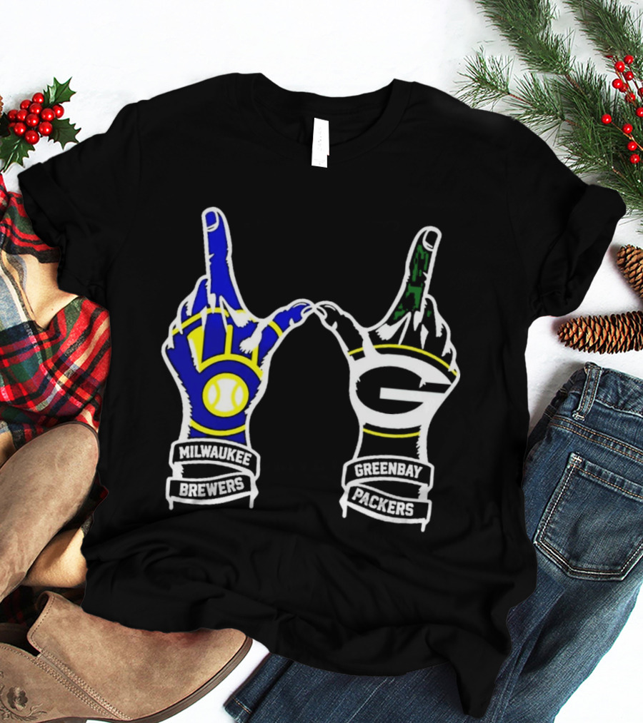 Milwaukee Brewers And Green Bay Packers Hand Gesture Wisconsin Sports Pride T-Shirt