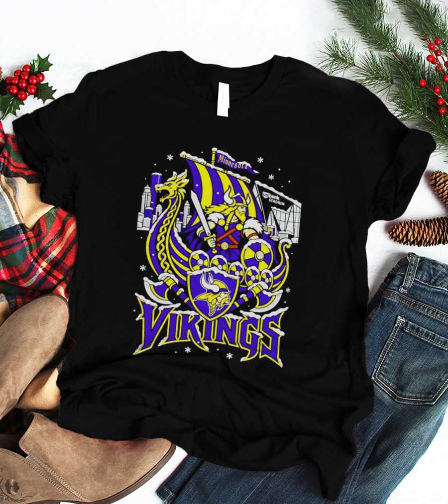 Minnesota Vikings Ship US Bank Stadium Winter City Skyline T-Shirt