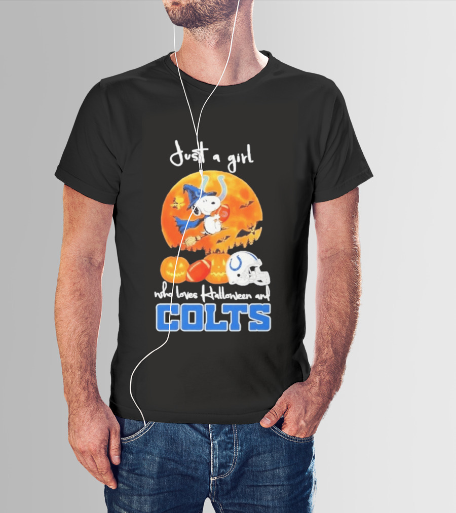 Just A Girl Who Loves Halloween And Colts Snoopy Woodstock Collaboration T-Shirt