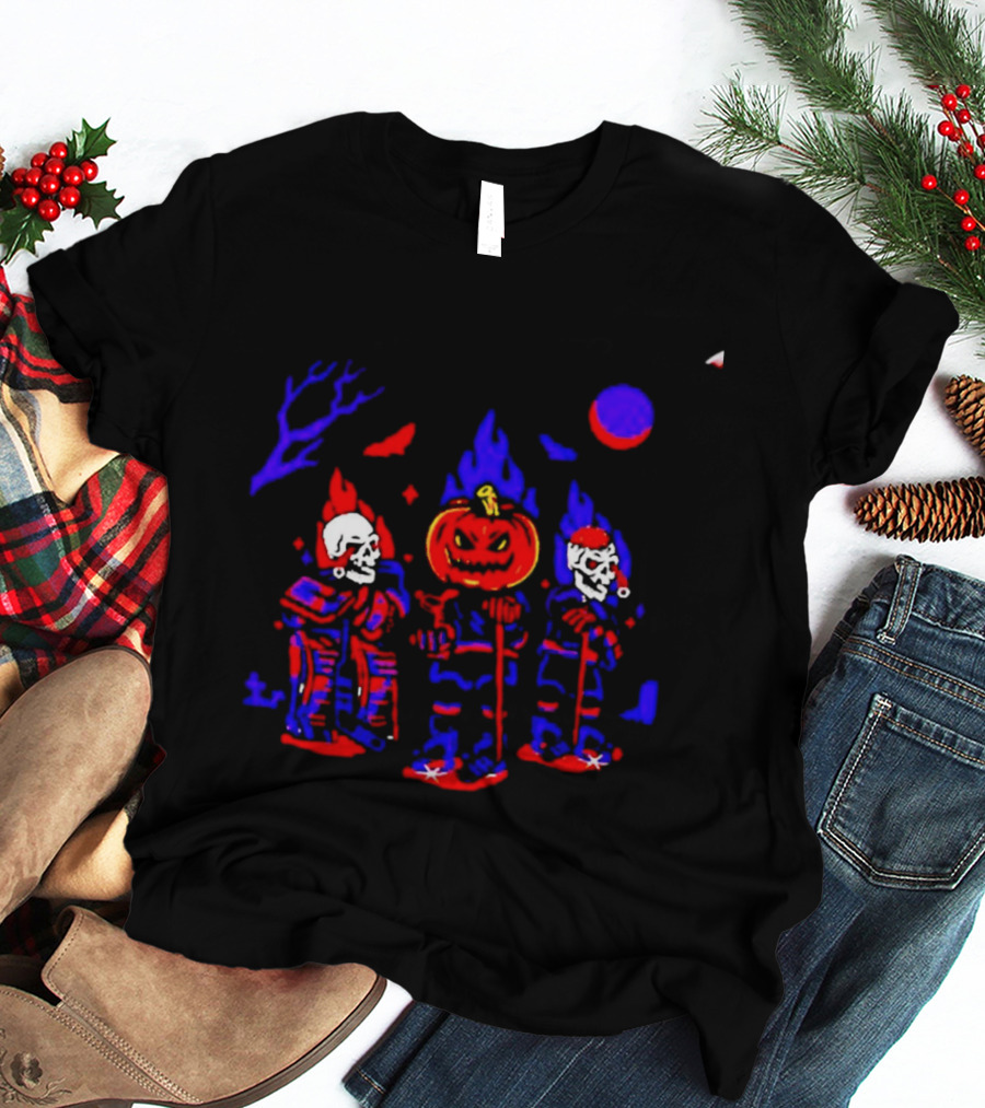 Halloween Pumpkin Skeleton Hockey Players Spooky Sports T-Shirt