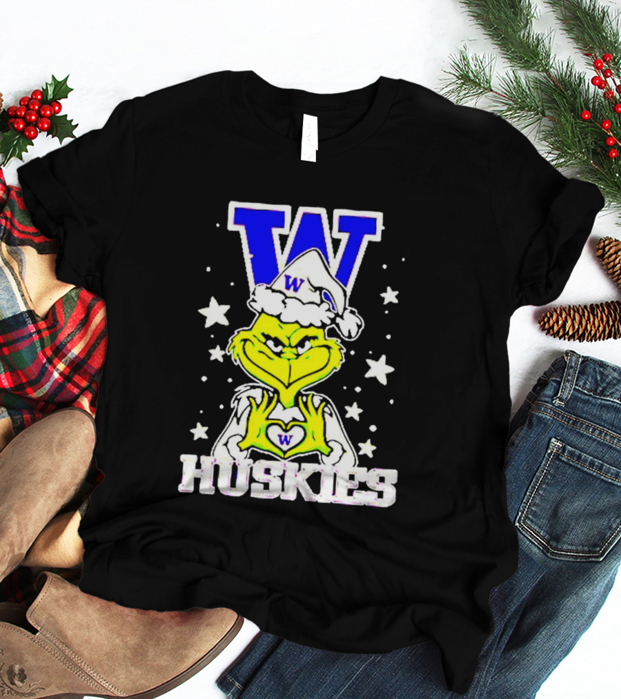Washington Huskies Grinch Santa Hat Christmas Heart Hands W Monogram T-Shirt