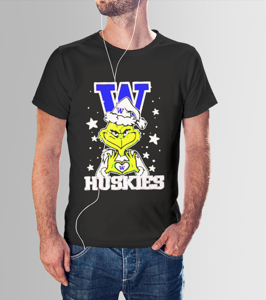 Washington Huskies Grinch Santa Hat Christmas Heart Hands W Monogram T-Shirt