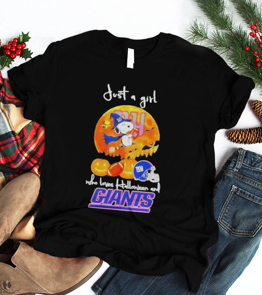 Just A Girl Who Loves Halloween New York Giants Snoopy Woodstock T-Shirt