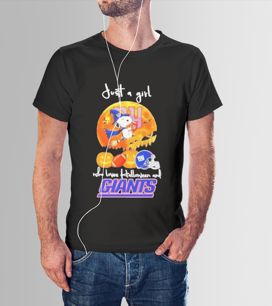 Just A Girl Who Loves Halloween New York Giants Snoopy Woodstock T-Shirt