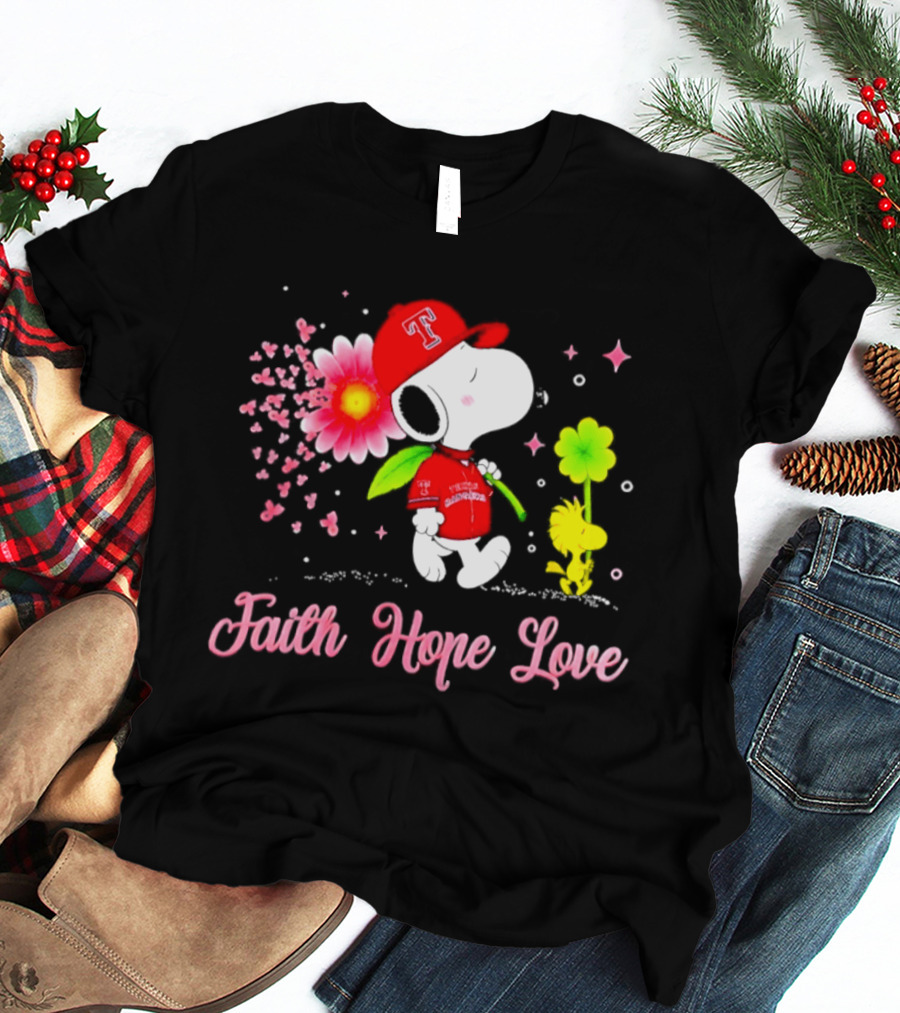 Texas Rangers Snoopy Faith Hope Love Breast Cancer Awareness 2026 T-Shirt