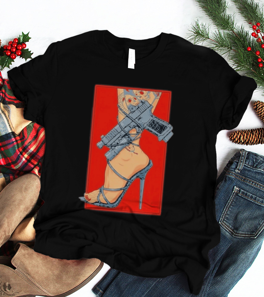 High Heel Stiletto With Gun And Tattoo Art On Red T-Shirt