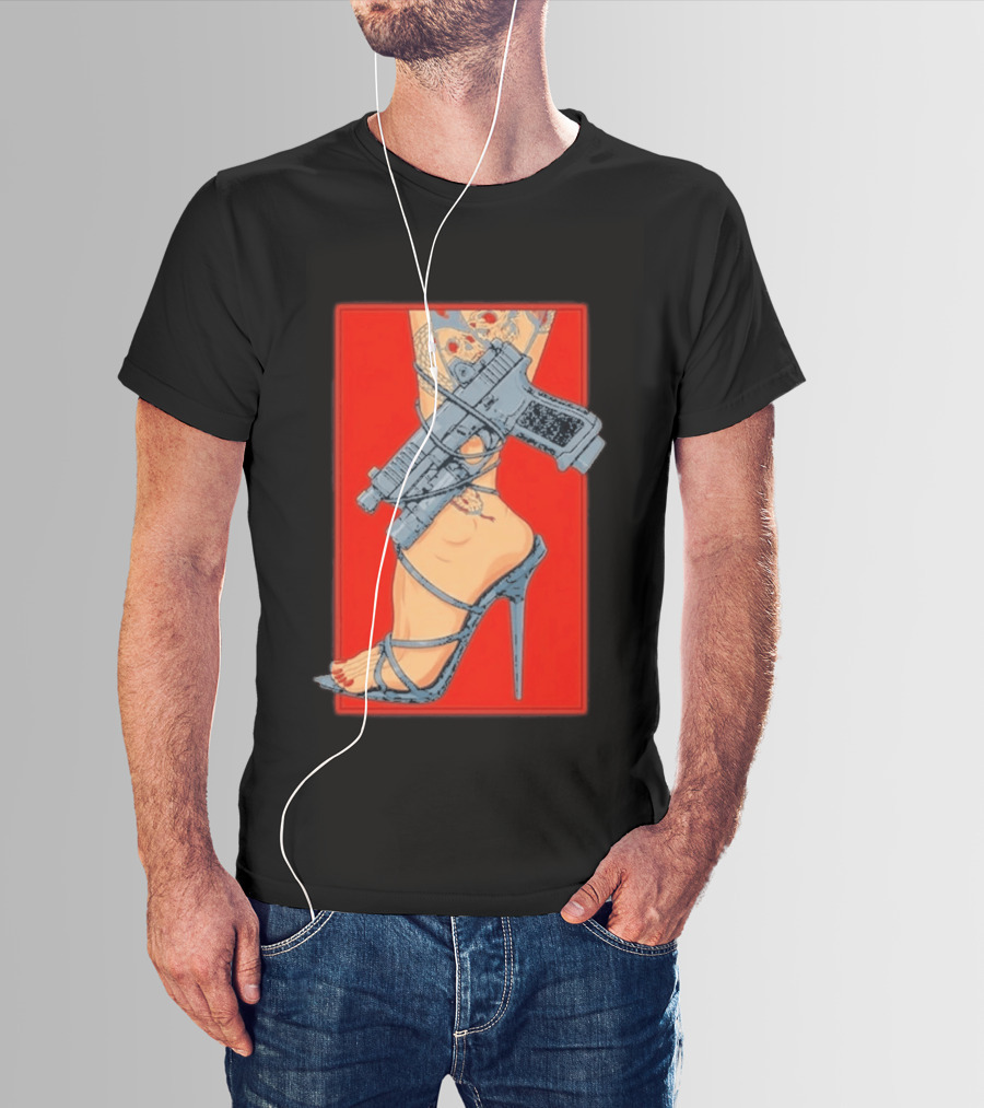 High Heel Stiletto With Gun And Tattoo Art On Red T-Shirt
