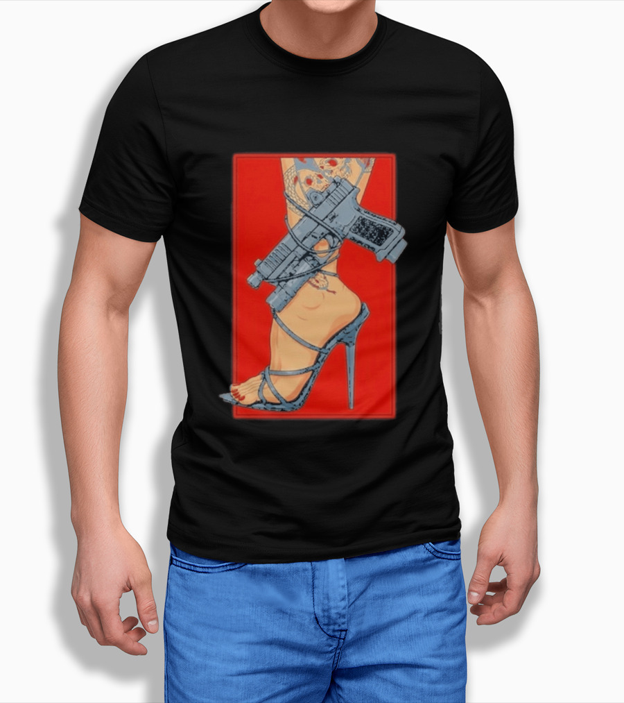 High Heel Stiletto With Gun And Tattoo Art On Red T-Shirt