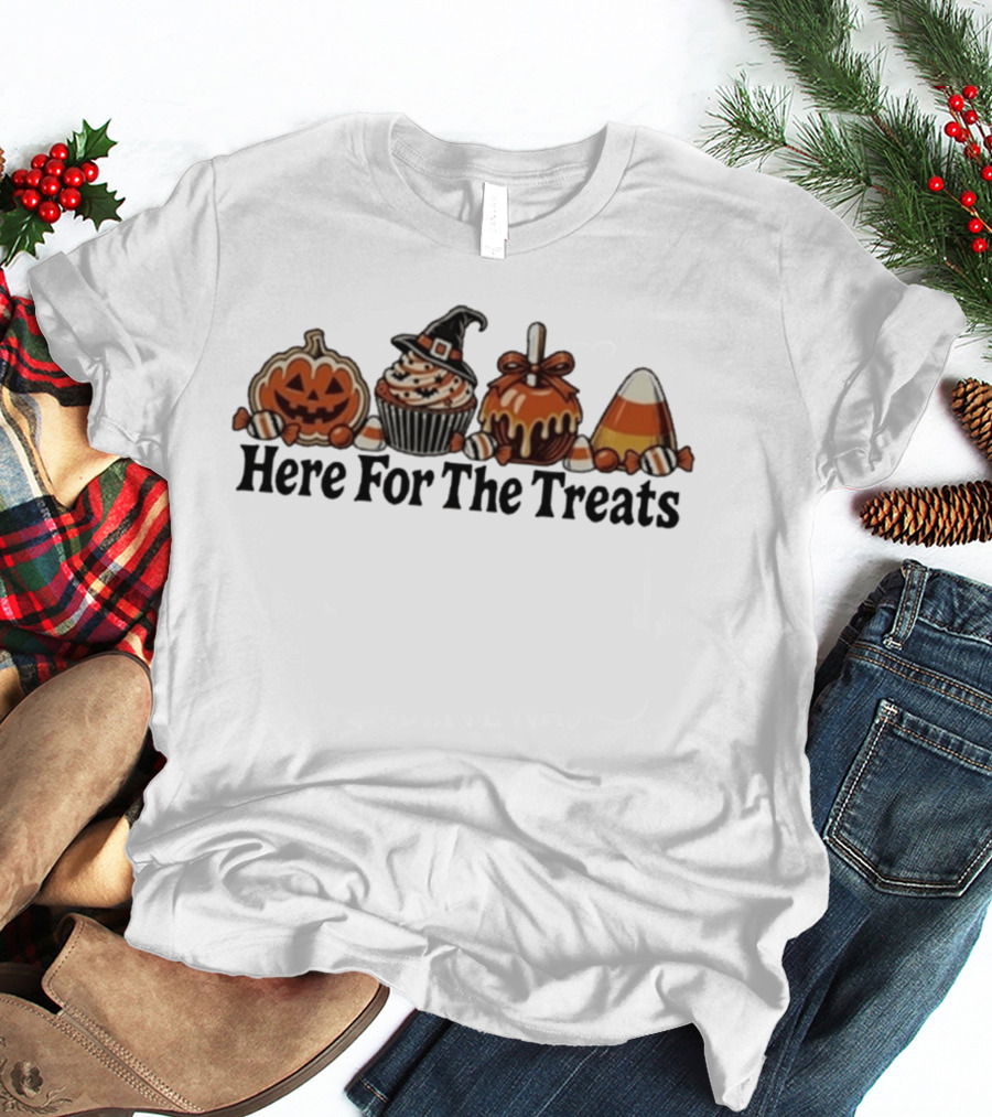 Here For The Treats Halloween Jack O Lantern Cupcake Candy T-Shirt