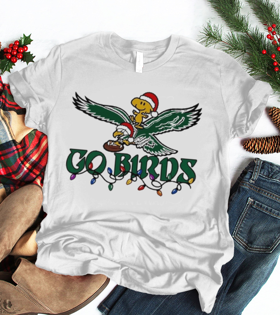 Snoopy And Woodstock Riding Philadelphia Eagles Christmas Go Birds T-Shirt