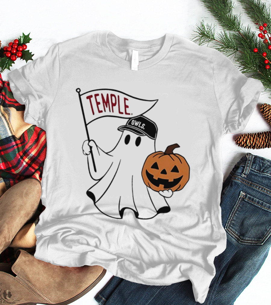 Temple Owls Halloween Ghost With Pumpkin And Flag T-Shirt