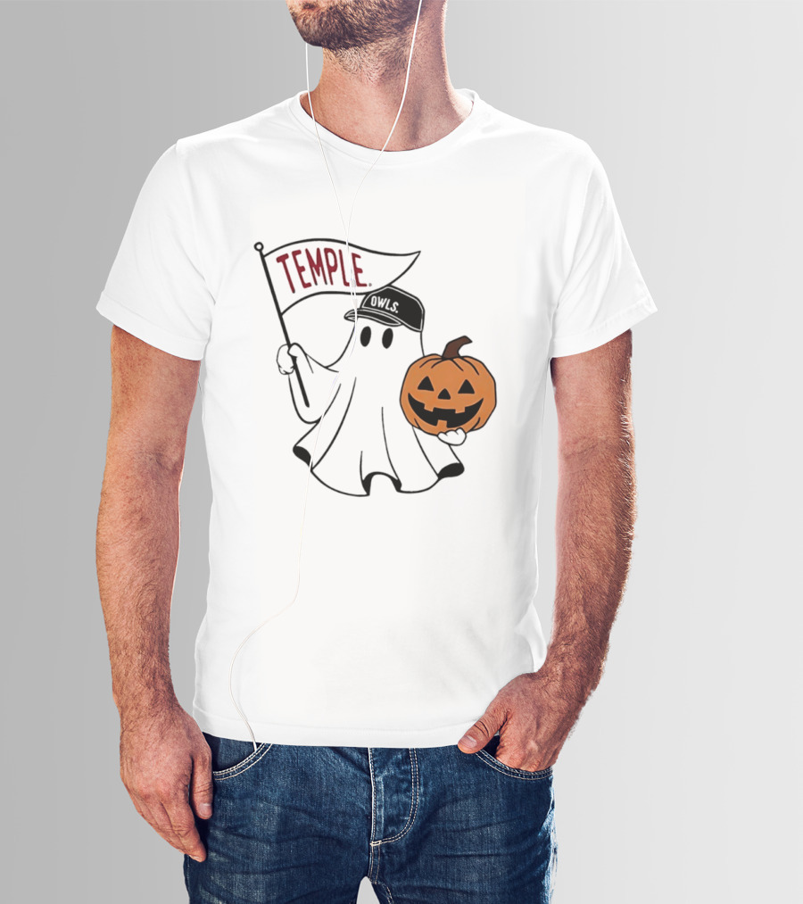 Temple Owls Halloween Ghost With Pumpkin And Flag T-Shirt