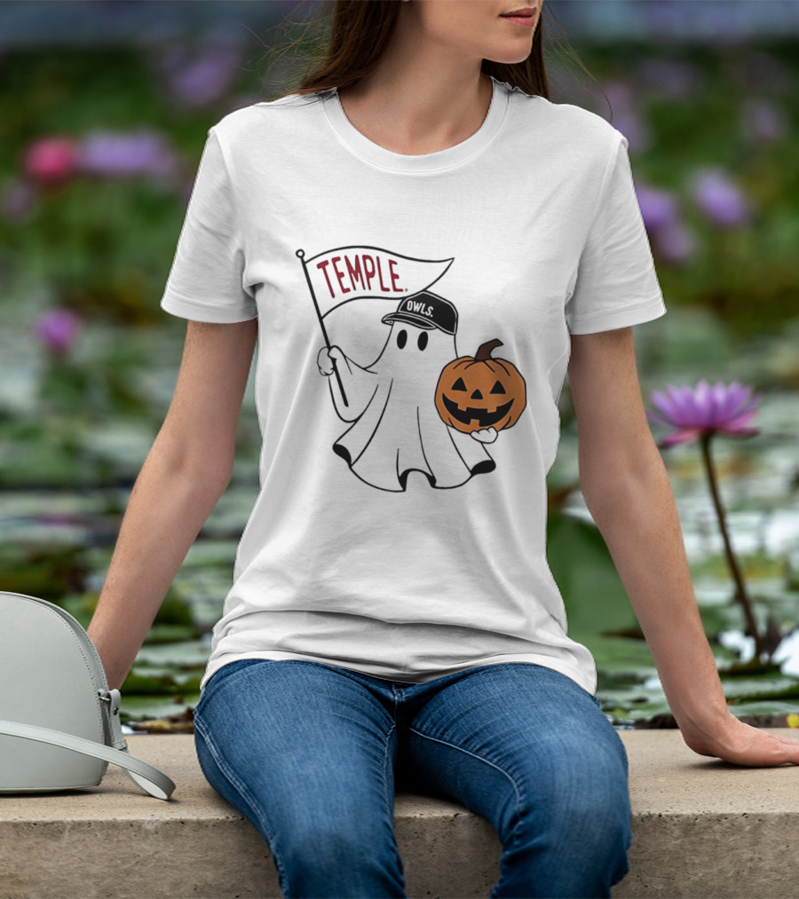Temple Owls Halloween Ghost With Pumpkin And Flag T-Shirt