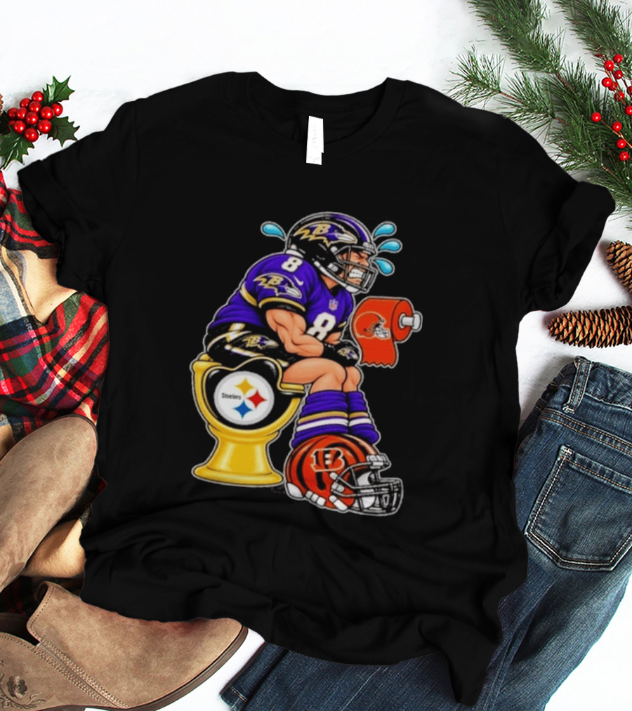 Baltimore Ravens Lamar Jackson On Steelers Toilet With Browns Toilet Paper And Bengals Helmet T-Shirt