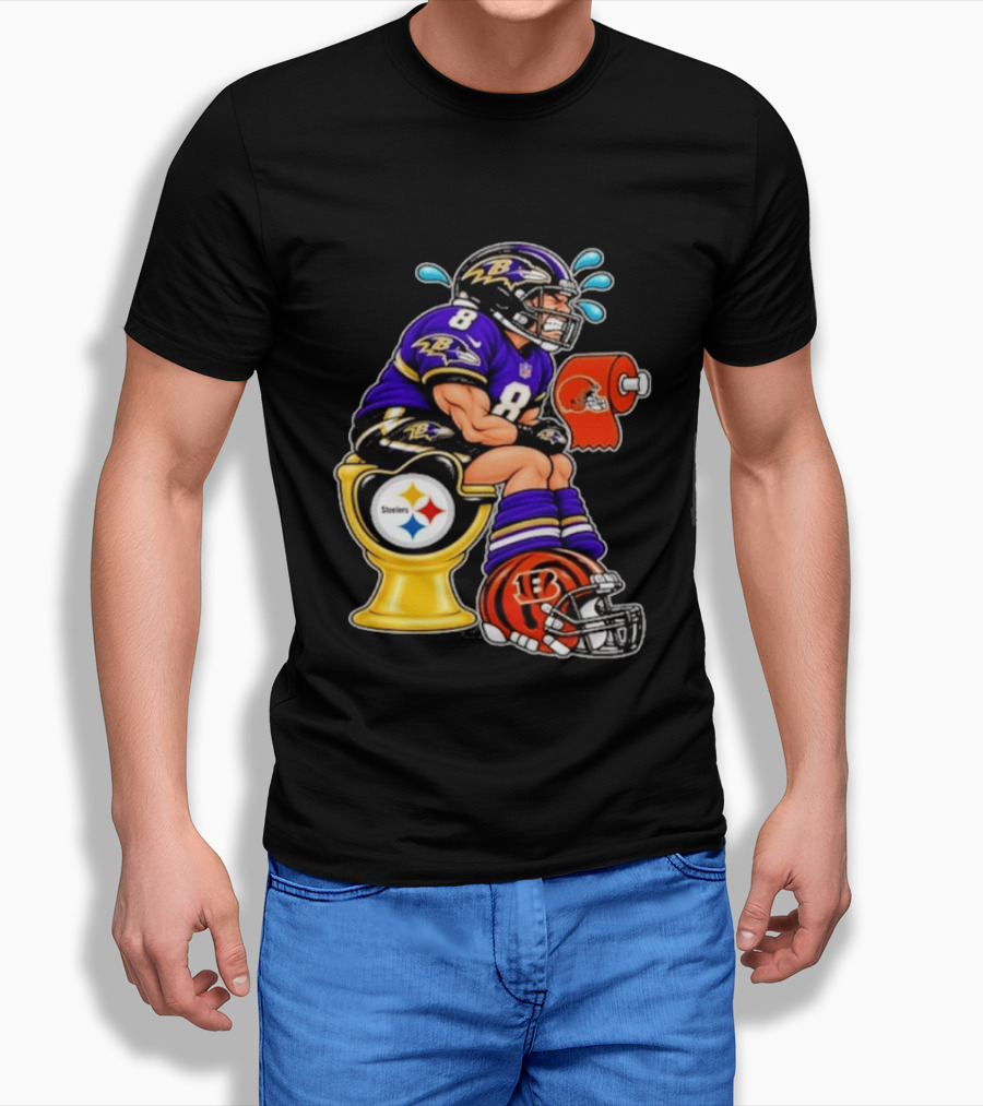 Baltimore Ravens Lamar Jackson On Steelers Toilet With Browns Toilet Paper And Bengals Helmet T-Shirt