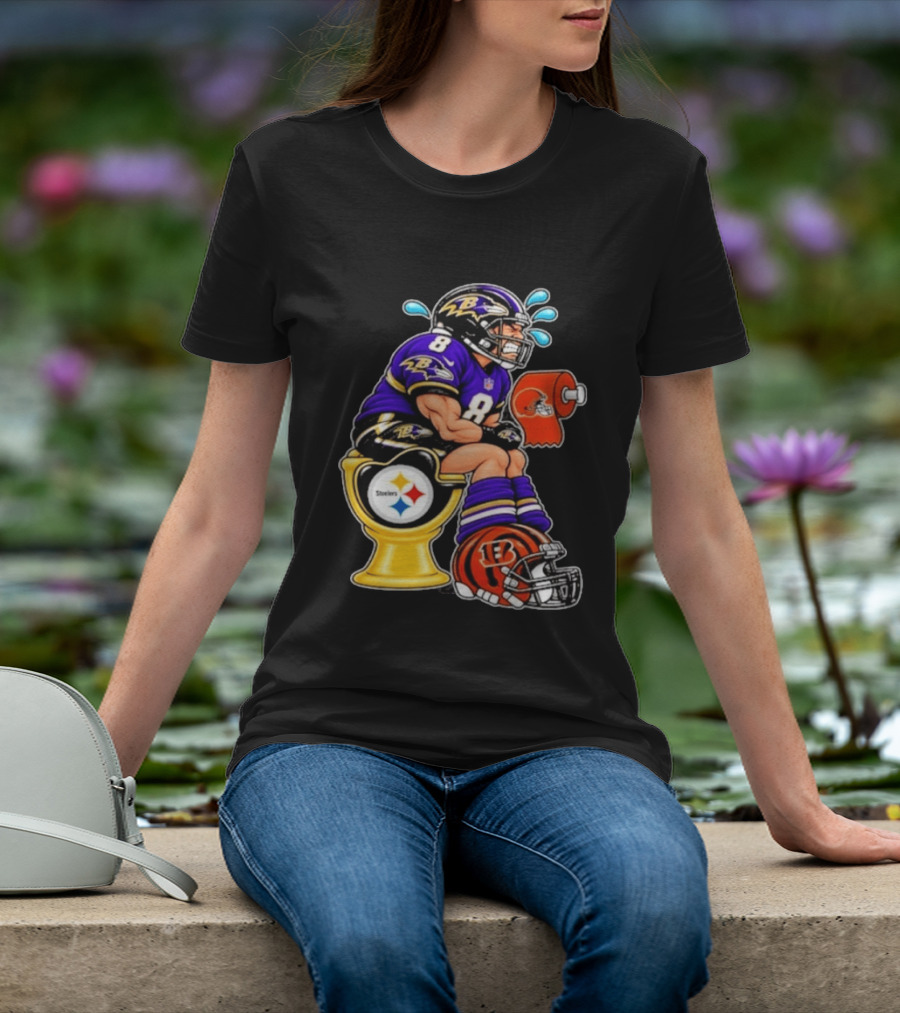 Baltimore Ravens Lamar Jackson On Steelers Toilet With Browns Toilet Paper And Bengals Helmet T-Shirt