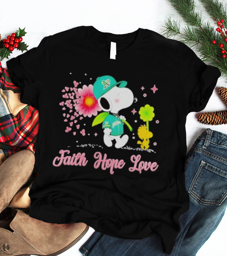 Oakland Athletics Snoopy Woodstock Faith Hope Love Breast Cancer Awareness 2026 T-Shirt