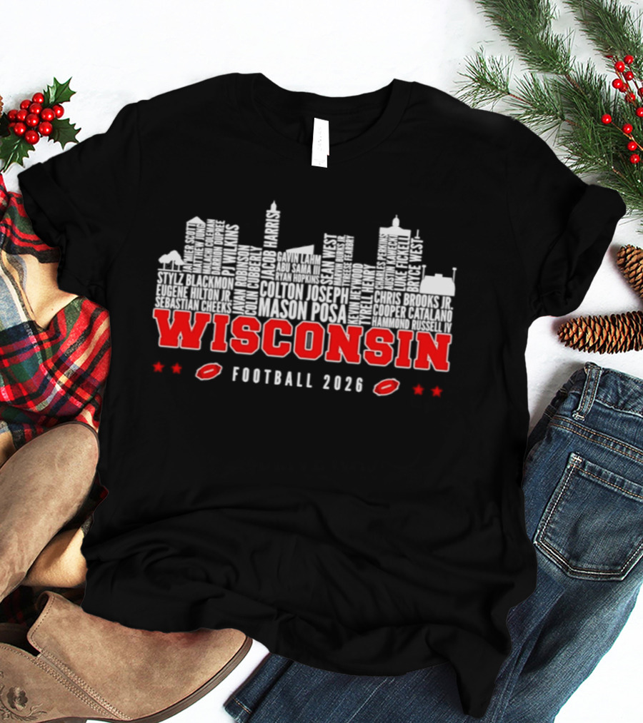 Wisconsin Badgers Football 2026 City Skyline Players Names T-Shirt