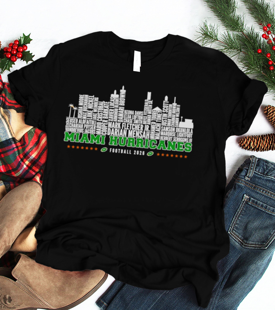 Miami Hurricanes Football 2026 Players Names City Skyline Miami Hurricanes Football 2026 T-Shirt