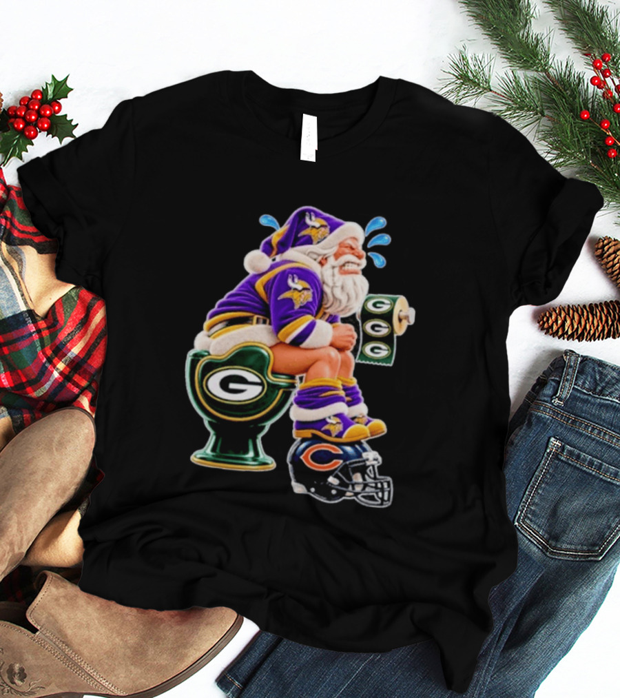 Minnesota Vikings Santa With Green Bay Packers Toilet And Chicago Bears Helmet Christmas Football T-Shirt
