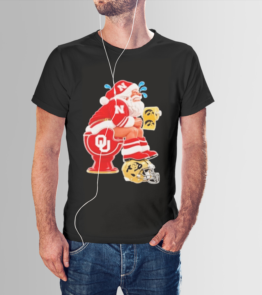 Nebraska Santa On Oklahoma Toilet With Iowa Toilet Paper And Colorado Helmet Football Rivalry Humor T-Shirt