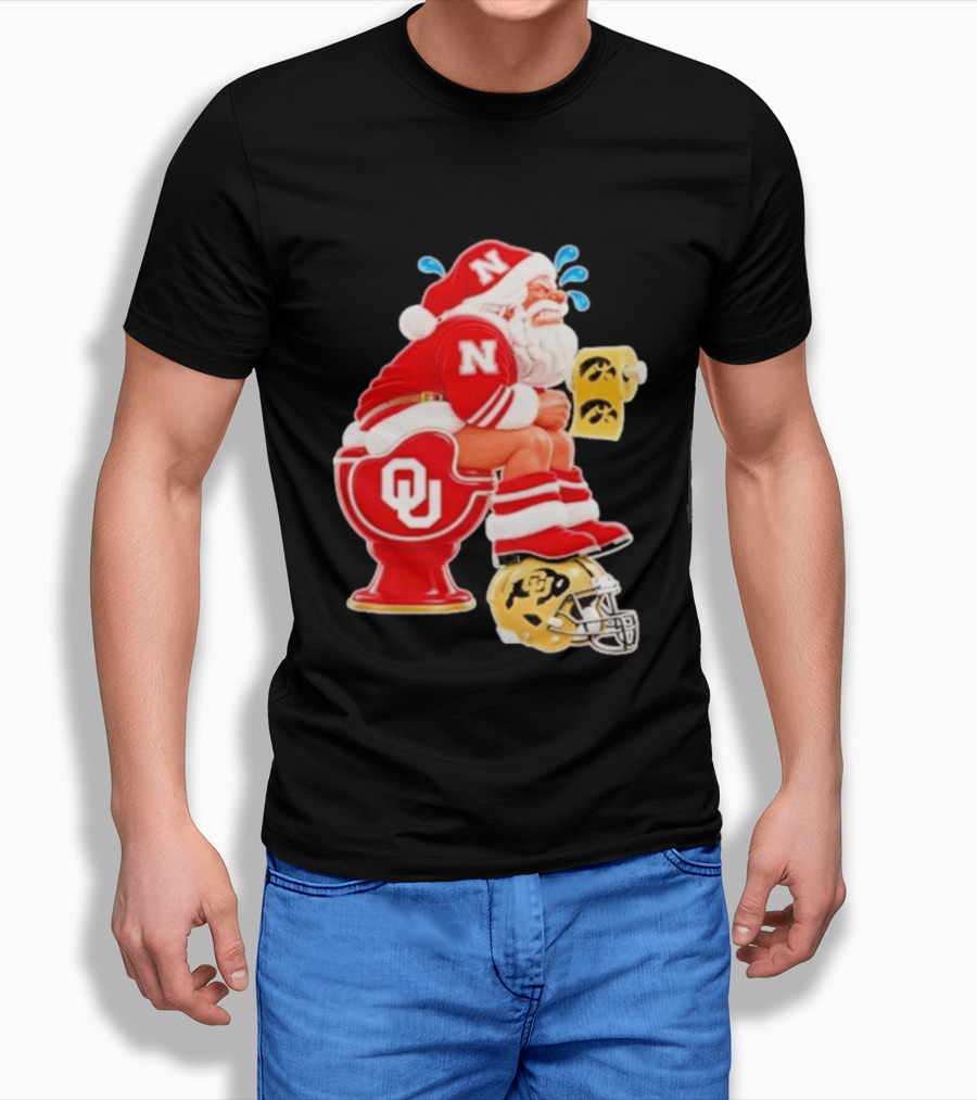 Nebraska Santa On Oklahoma Toilet With Iowa Toilet Paper And Colorado Helmet Football Rivalry Humor T-Shirt