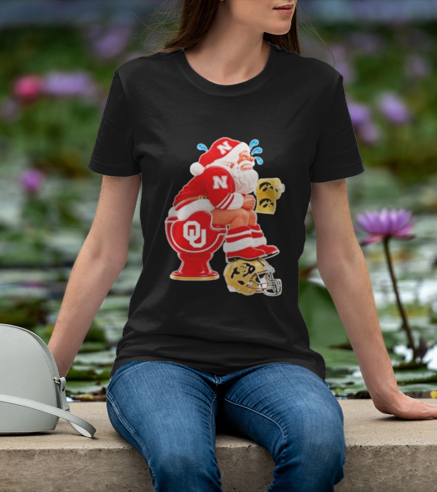 Nebraska Santa On Oklahoma Toilet With Iowa Toilet Paper And Colorado Helmet Football Rivalry Humor T-Shirt