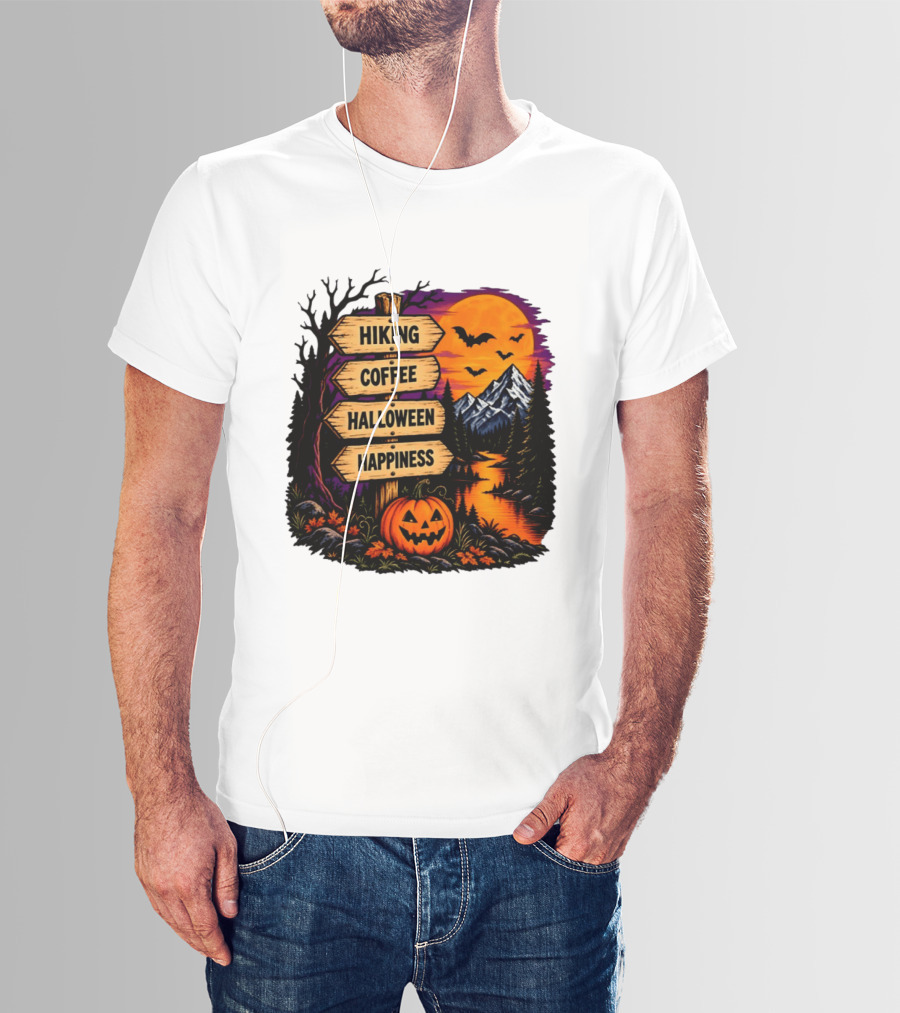 Hiking Coffee Halloween Happiness Fall Season Signpost Scenic Sunset Pumpkin Bats T-Shirt