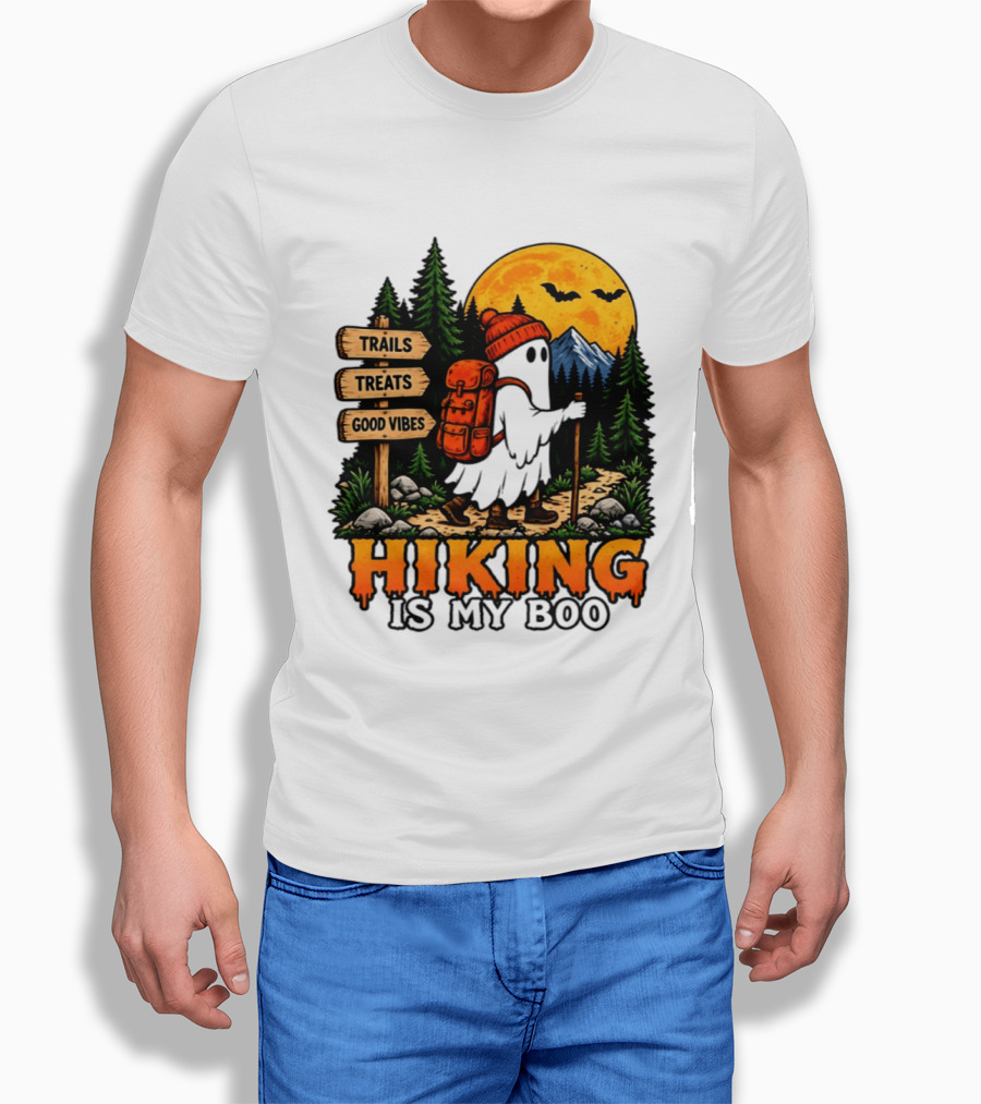 Hiking Is My Boo Ghost Trails Treats Good Vibes Halloween T-Shirt