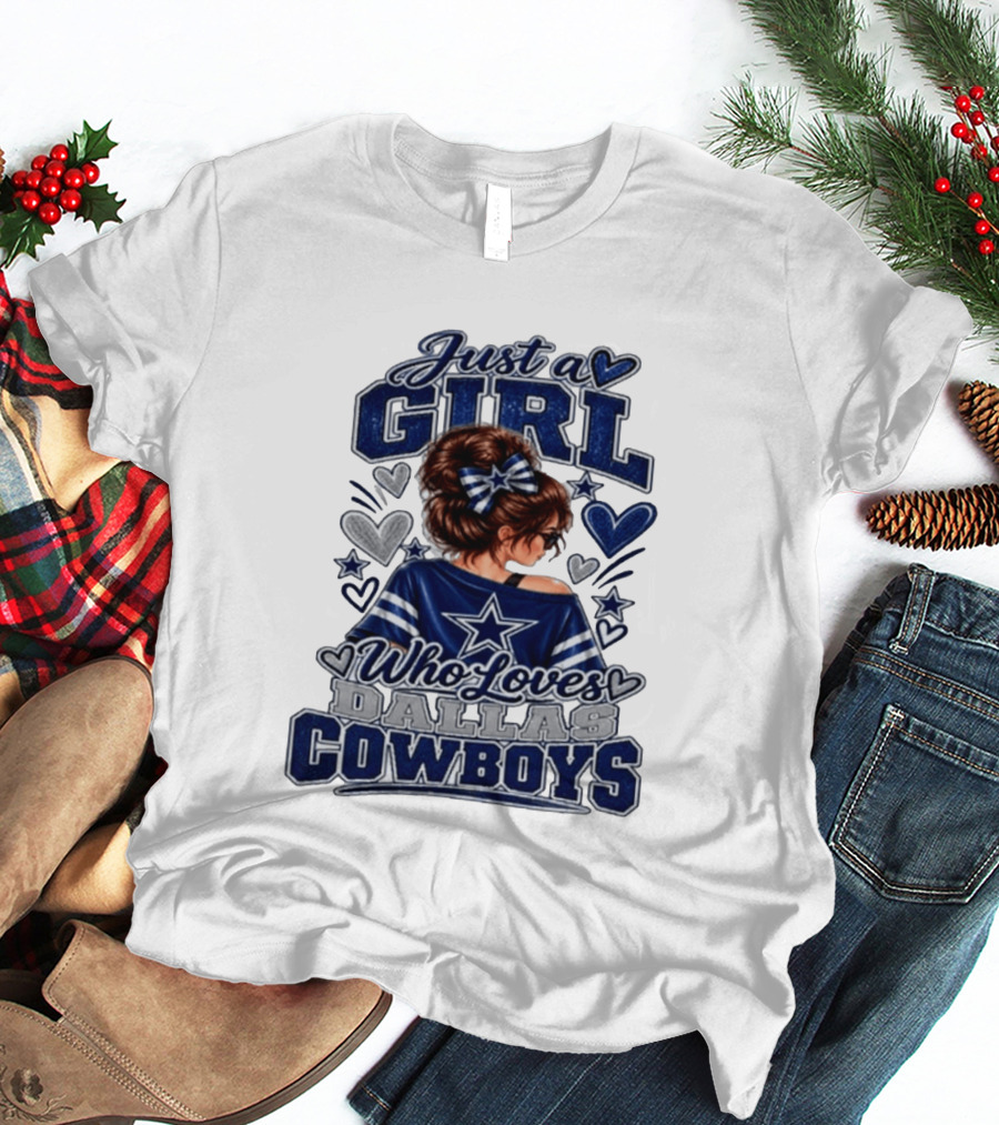 Just A Girl Who Loves Dallas Cowboys Fan Art Style Hearts And Stars T-Shirt