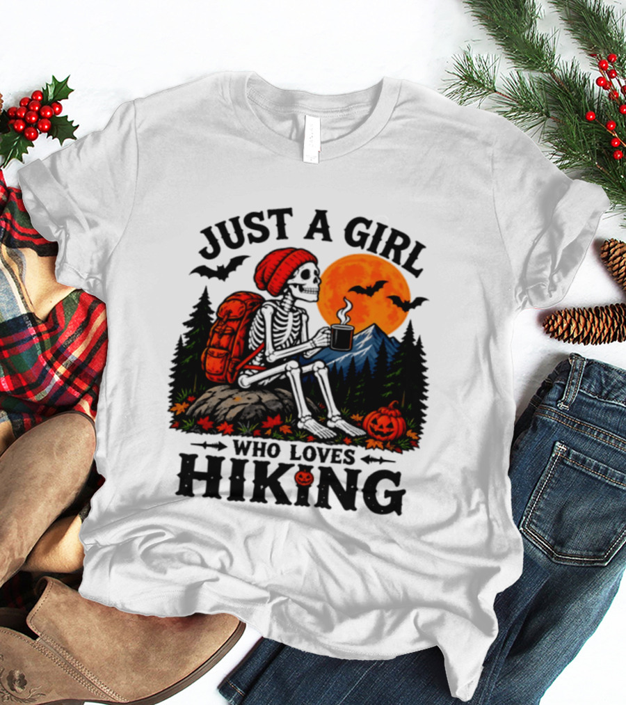 Just A Girl Who Loves Hiking Skeleton Autumn Halloween Pumpkin Bats And Coffee T-Shirt