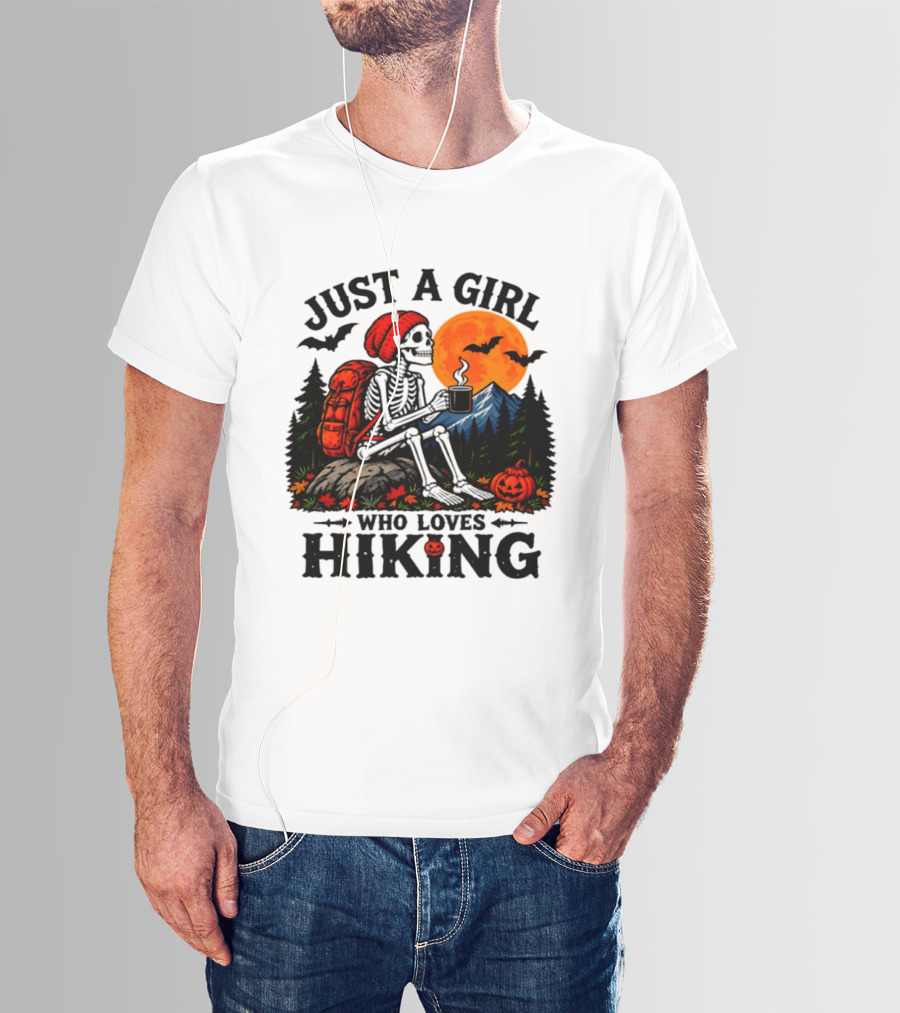 Just A Girl Who Loves Hiking Skeleton Autumn Halloween Pumpkin Bats And Coffee T-Shirt