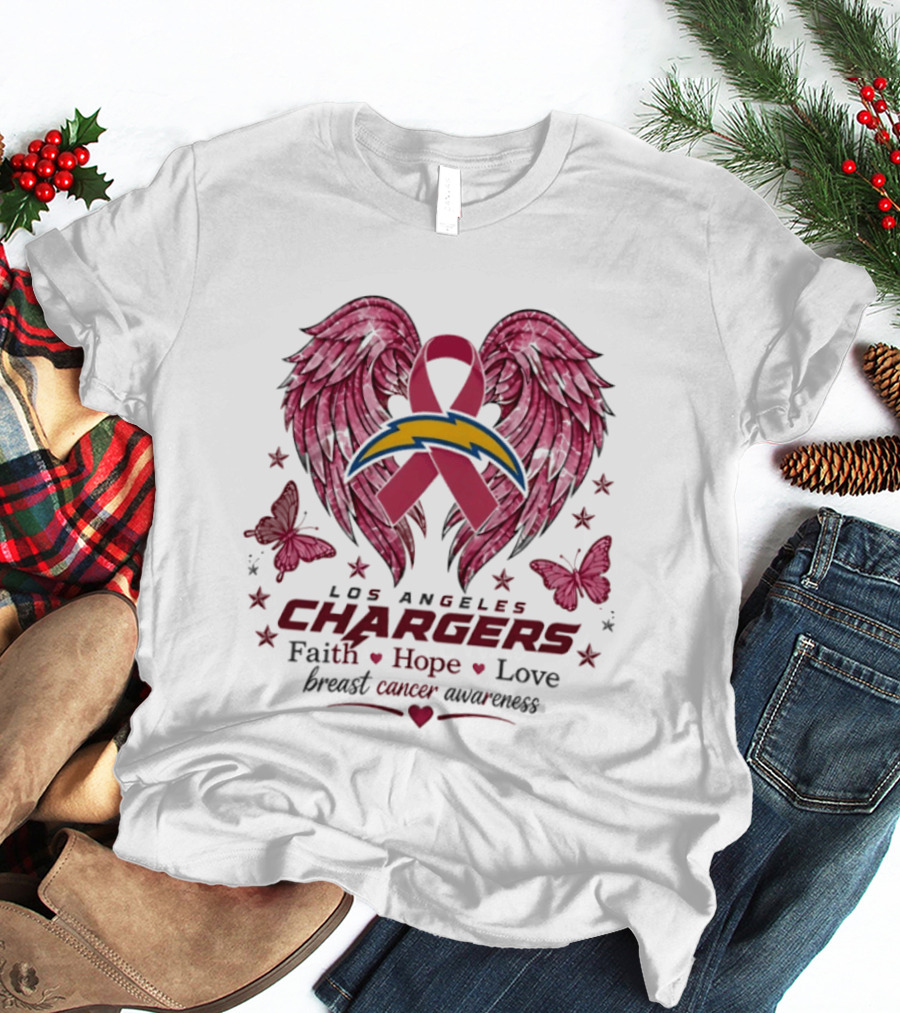 Los Angeles Chargers Breast Cancer Awareness Faith Hope Love Wings Ribbon Butterflies T-Shirt