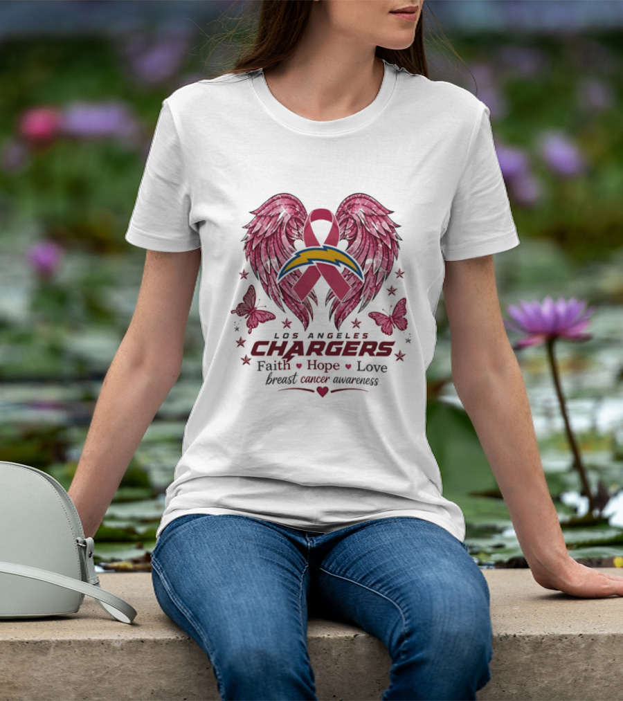 Los Angeles Chargers Breast Cancer Awareness Faith Hope Love Wings Ribbon Butterflies T-Shirt