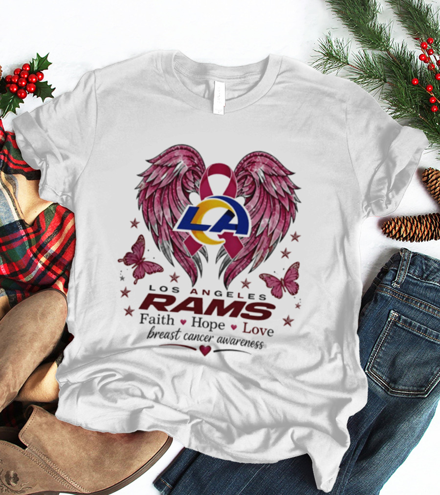 Los Angeles Rams Breast Cancer Awareness Faith Hope Love Wings And Butterflies T-Shirt
