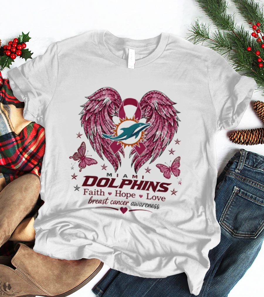 Miami Dolphins Breast Cancer Awareness Faith Hope Love Pink Ribbon Wings T-Shirt