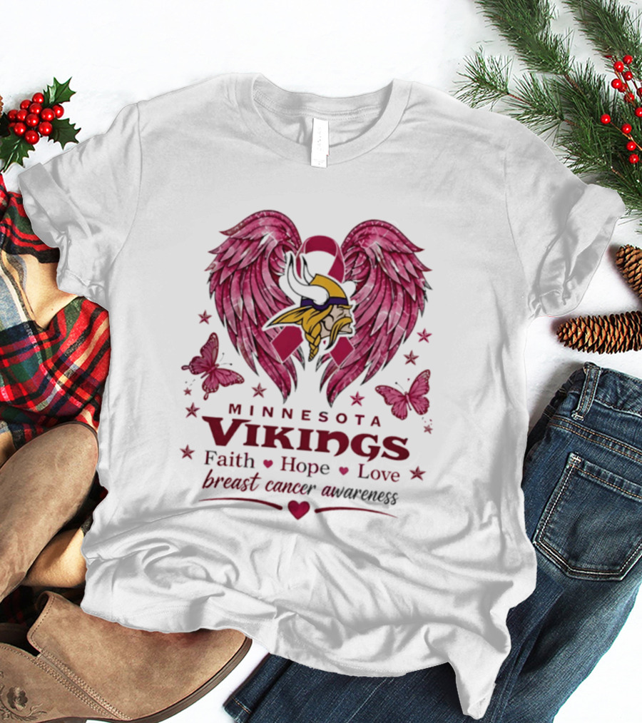Minnesota Vikings Breast Cancer Awareness Faith Hope Love Wings T-Shirt