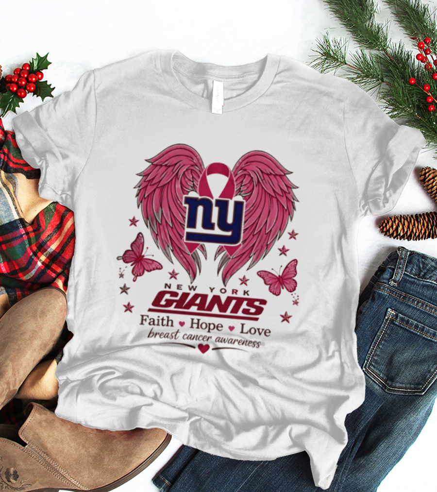 New York Giants Breast Cancer Awareness Faith Hope Love Pink Wings Ribbon T-Shirt