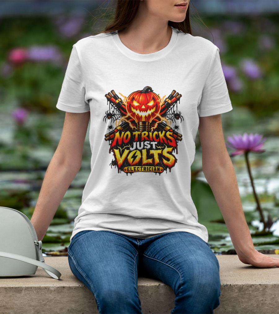 No Tricks Just Volts Electrician Pumpkin Halloween T-Shirt