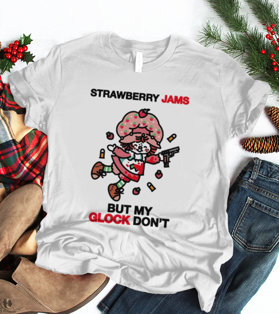 Strawberry Jams But My Glock Don't Cartoon Character With Pink Frosted Hat And Pistol T-Shirt