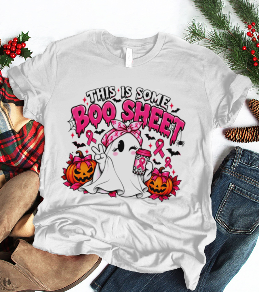 This Is Some Boo Sheet Breast Cancer Awareness Ghost Halloween Pink Ribbons Pumpkin T-Shirt