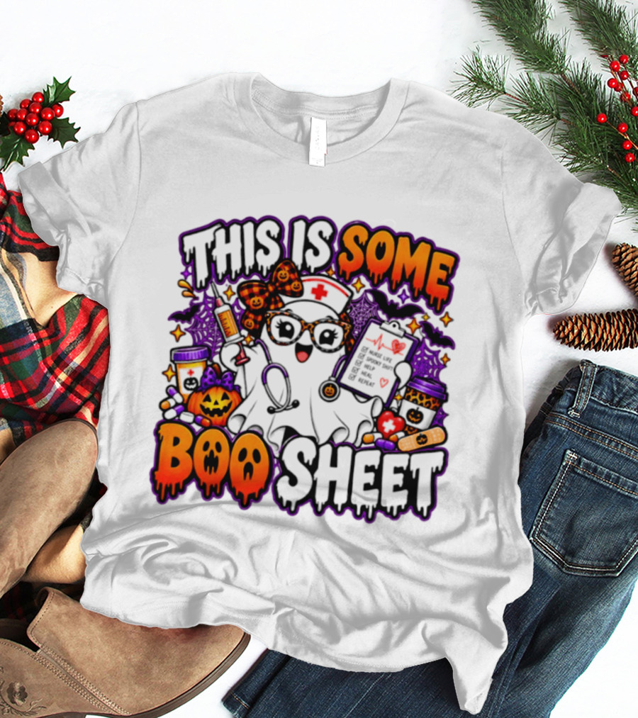 This Is Some Boo Sheet Nurse Life Spooky Shift Halloween 2026 Pumpkin Ghost Nurse Hat Glasses Bats T-Shirt