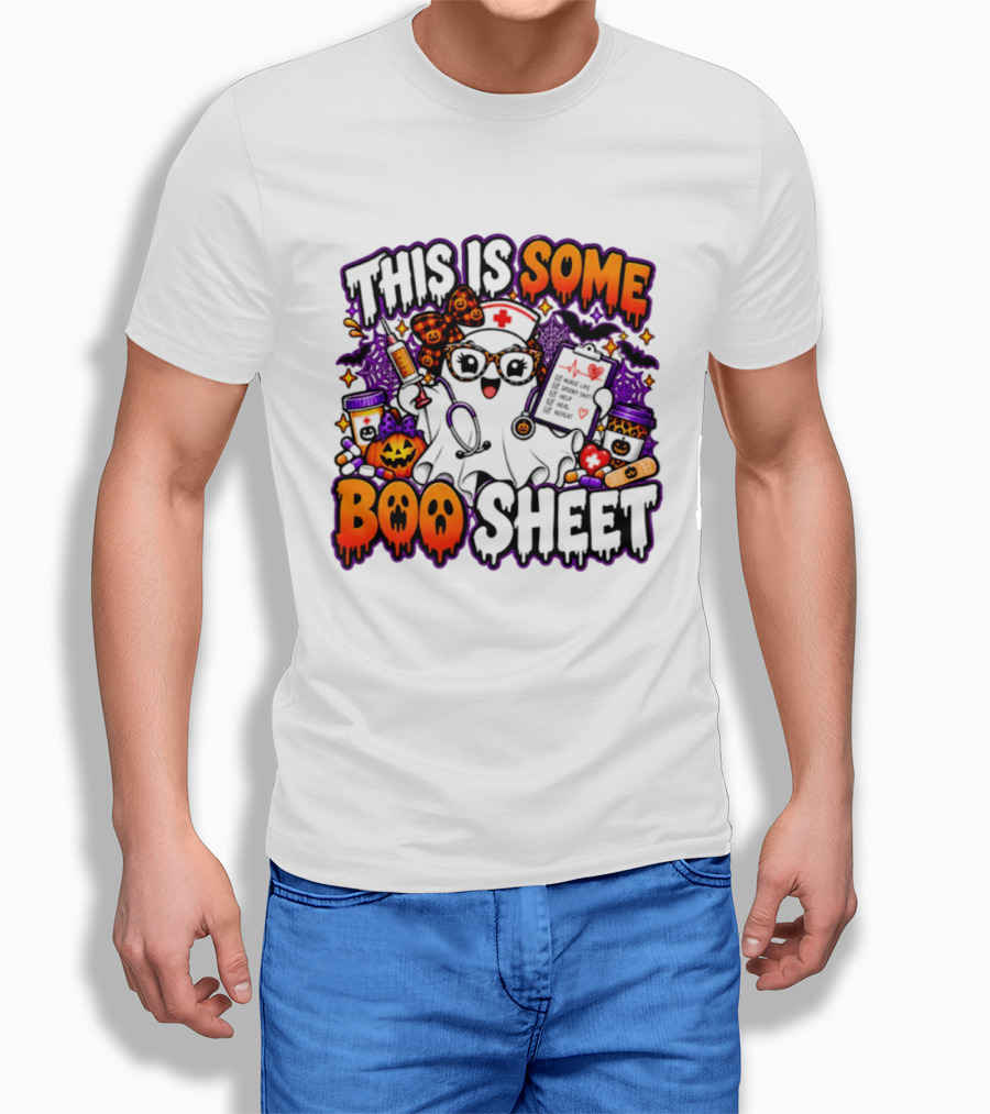 This Is Some Boo Sheet Nurse Life Spooky Shift Halloween 2026 Pumpkin Ghost Nurse Hat Glasses Bats T-Shirt