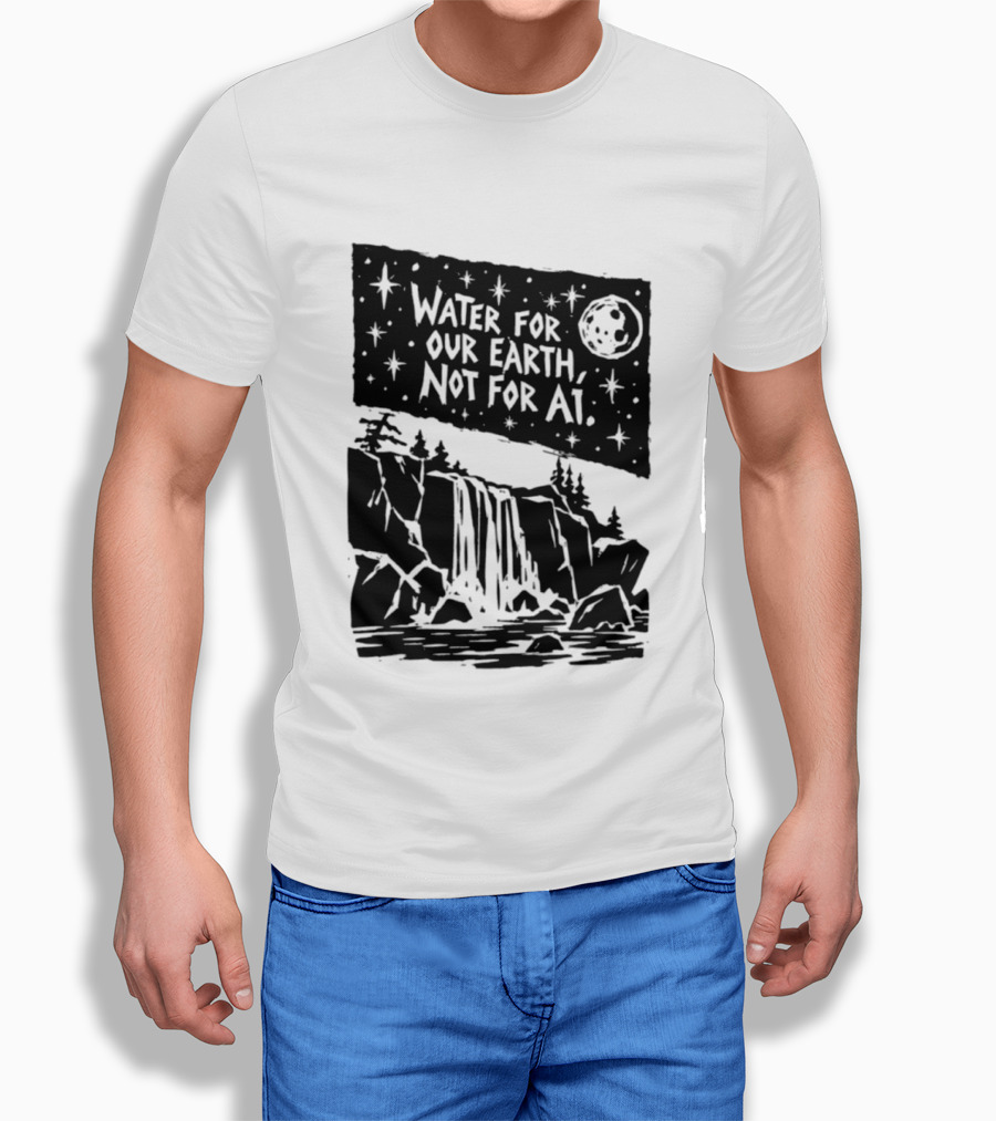 Water For Our Earth Not For AI Moonlit Waterfall Environmental Message T-Shirt